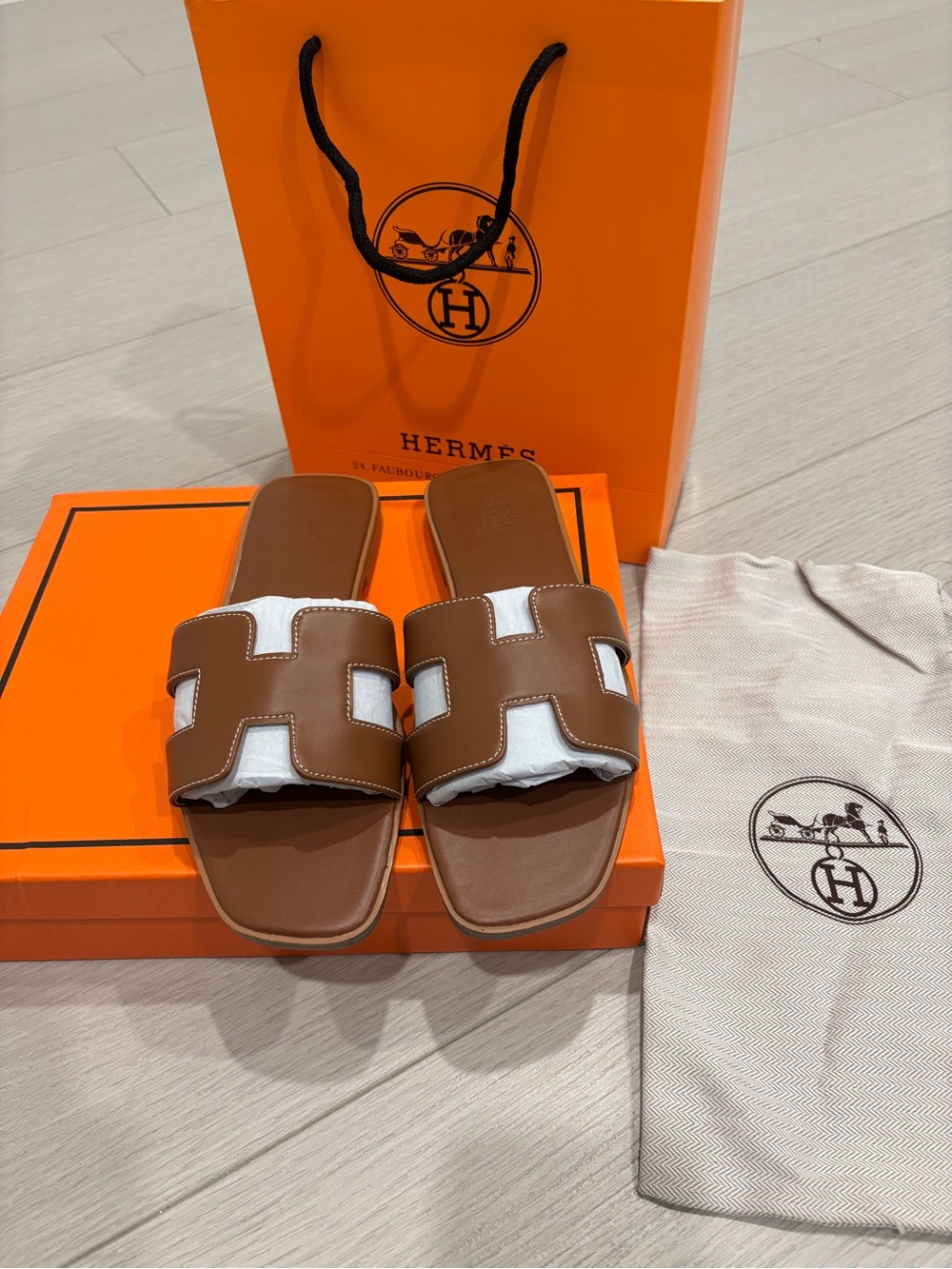 Hermès Brown Oran Leather Slide Sandals